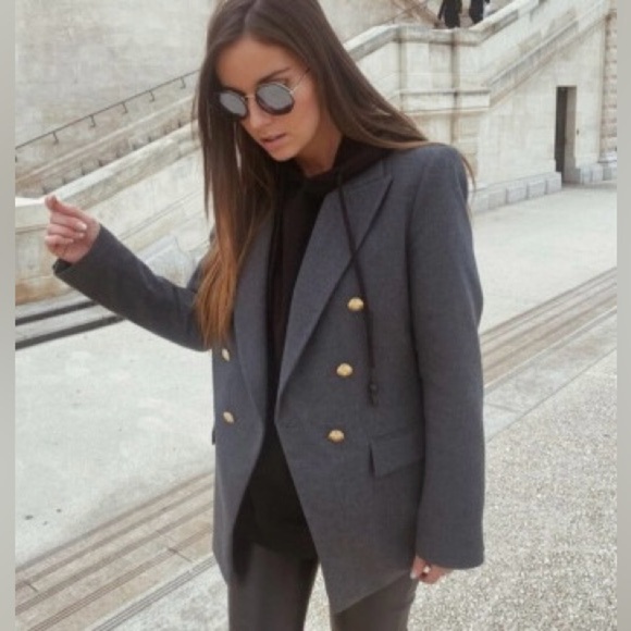 Zara Grey Gray Double Breasted Knit Wool Like Structured Military Blazer Jacket - Picture 15 of 16